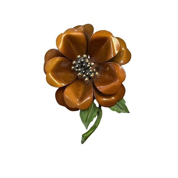 Vtg Brown Metal Large Flower layered Brooch & Clip on Earring Set Retro MCM - Picture 3 of 6